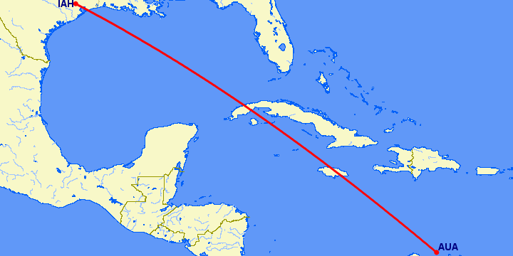 перелет Аруба — Хьюстон на карте
