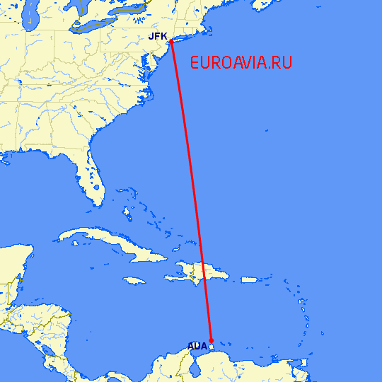 перелет Аруба — Нью Йорк на карте