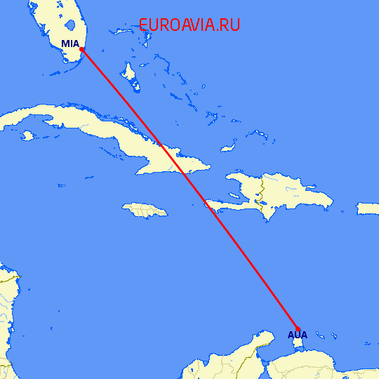 перелет Aruba — Майами на карте