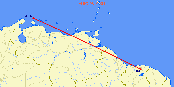 перелет Аруба — Paramaribo на карте