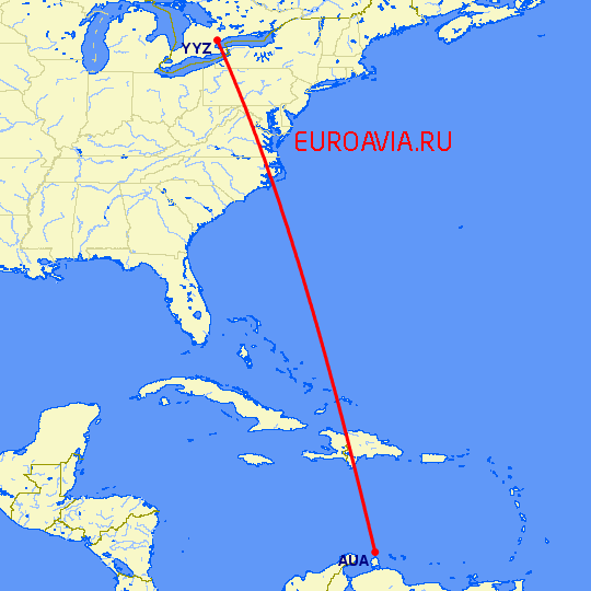 перелет Aruba — Торонто на карте