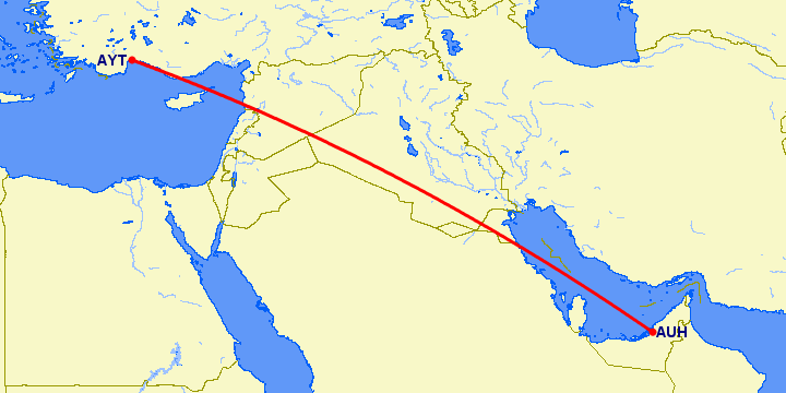 перелет Абу Даби — Анталия на карте