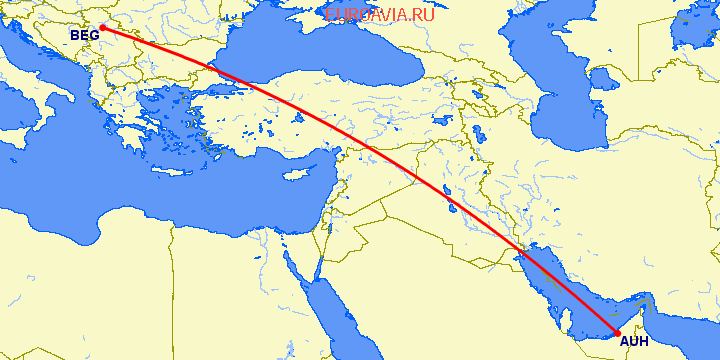 перелет Абу Даби — Белград на карте