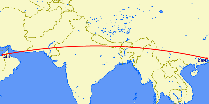 перелет Абу Даби — Гуанчжоу на карте