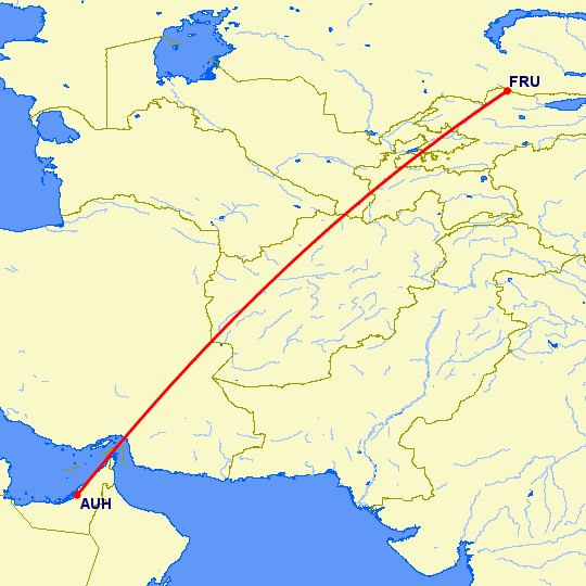 перелет Абу Даби — Бишкек на карте
