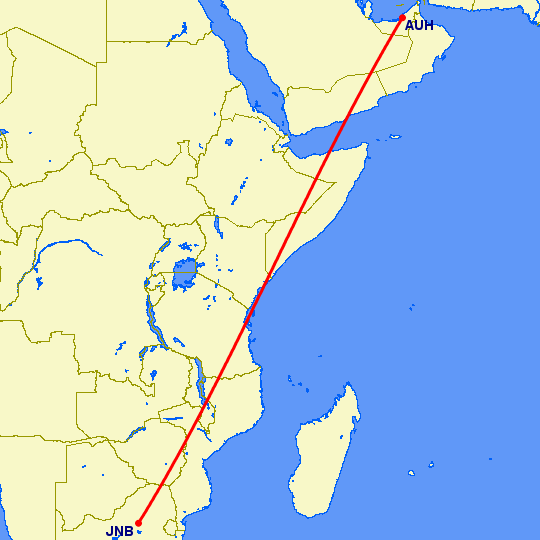 перелет Абу Даби — Йоханнесбург на карте