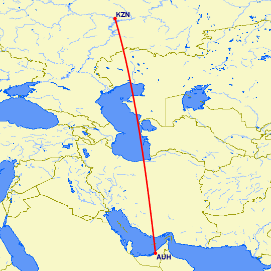 перелет Абу Даби — Казань на карте