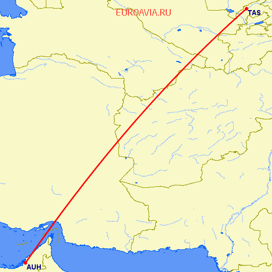 перелет Абу Даби — Ташкент на карте