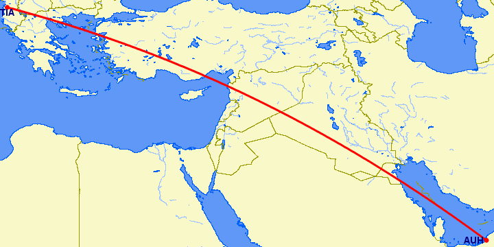перелет Абу Даби — Тирана на карте