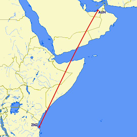 перелет Абу Даби — Занзибар на карте