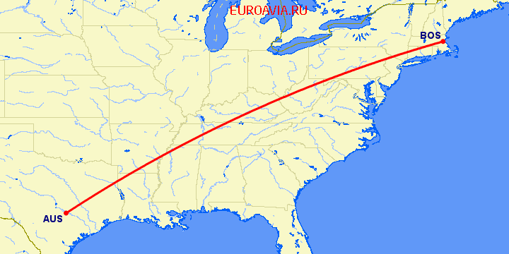 перелет Остин — Бостон на карте