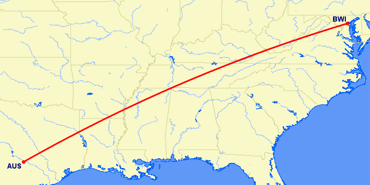 перелет Остин — Балтимор на карте