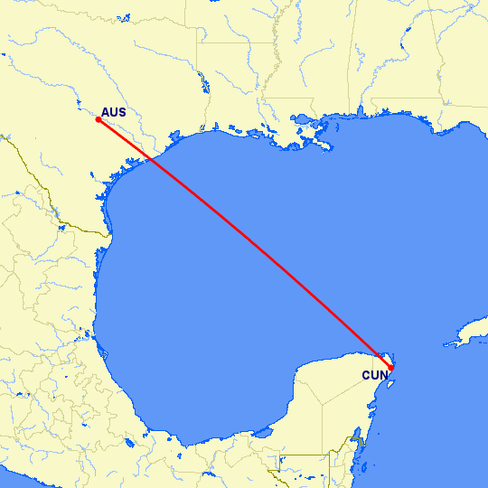 перелет Остин — Канкун на карте