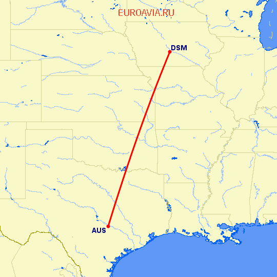 перелет Остин — Des Moines на карте