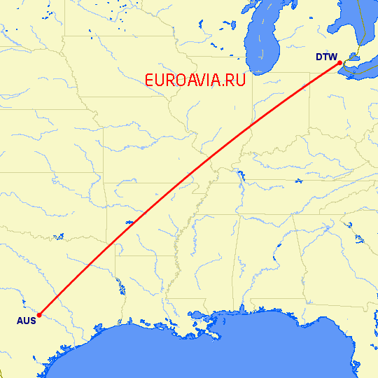 перелет Остин — Детройт на карте