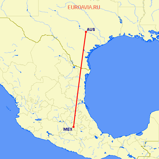 перелет Остин — Мексико Сити на карте