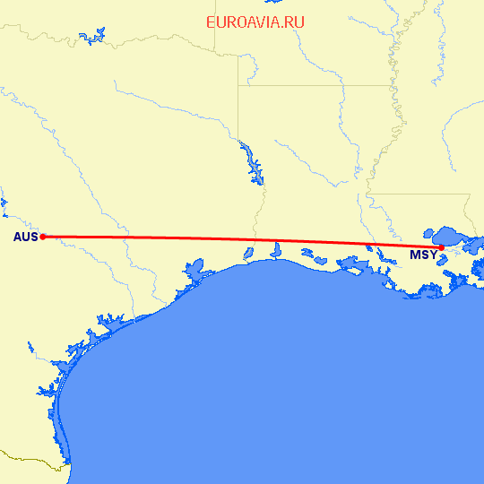 перелет Остин — Новый Орлеан на карте