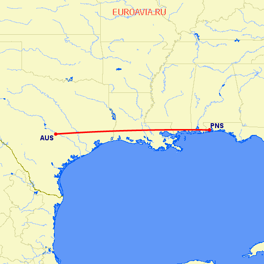 перелет Остин — Pensacola на карте