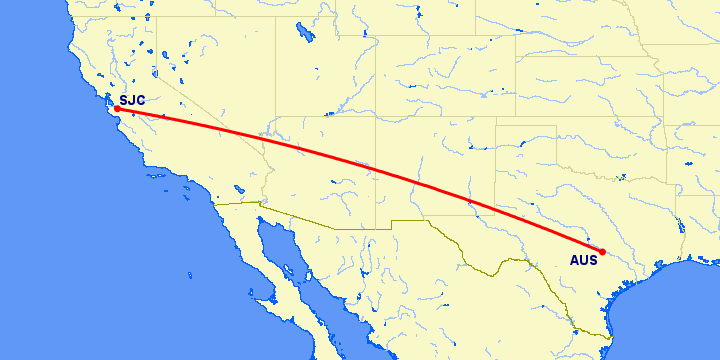 перелет Остин — Сан Хосе на карте