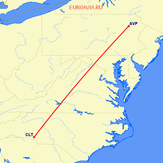 перелет Wilkes-Barre-Scranton — Шарлотт на карте