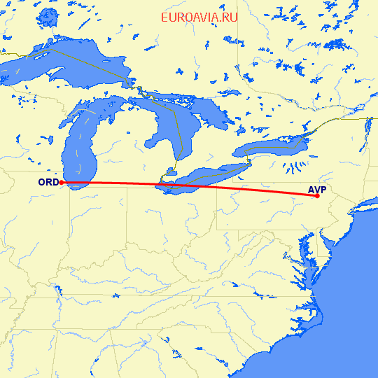 перелет Wilkes-Barre-Scranton — Чикаго на карте