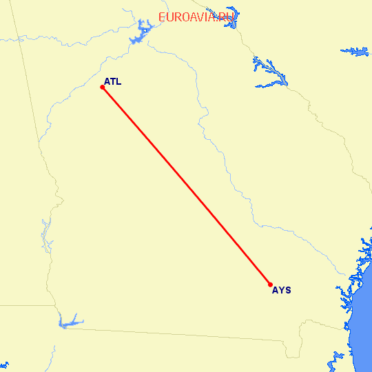 перелет Waycross — Атланта на карте