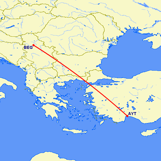 перелет Анталия — Белград на карте