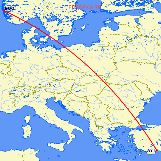 перелет Анталия — Берген на карте