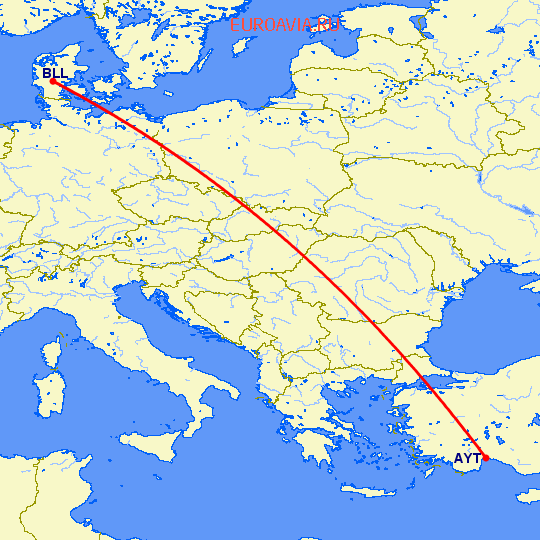 перелет Анталия — Биллунд на карте
