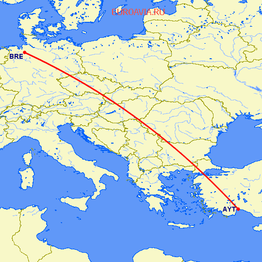 перелет Анталия — Бремен на карте
