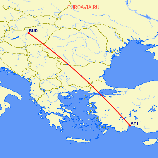 перелет Анталия — Будапешт на карте