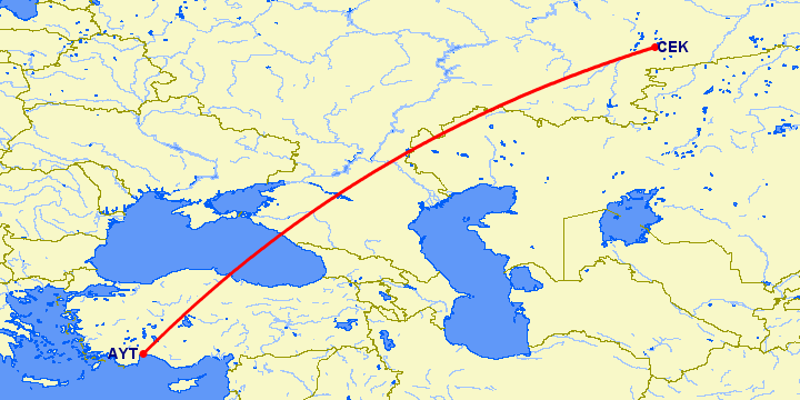 перелет Анталия — Челябинск на карте