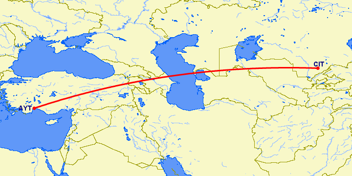 перелет Анталия — Чимкент на карте