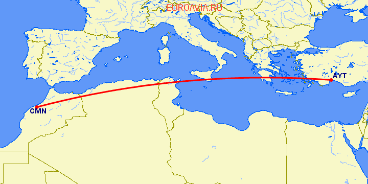 перелет Анталия — Касабланка на карте