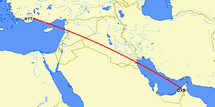 перелет Анталия — Дубай на карте