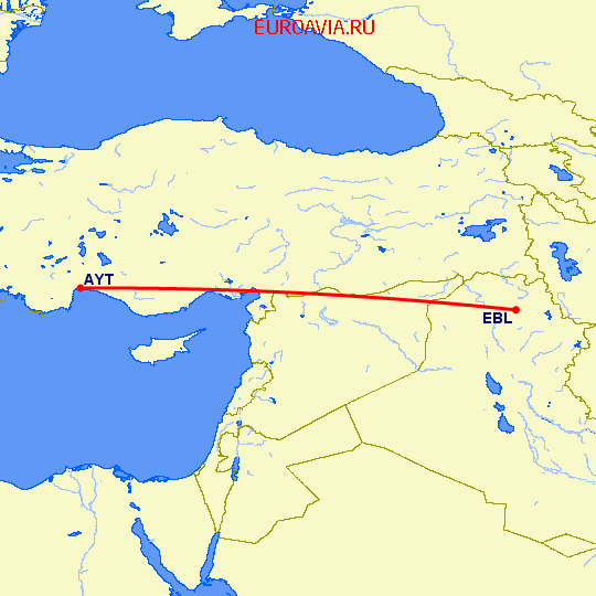 перелет Анталия — Эрбиль на карте