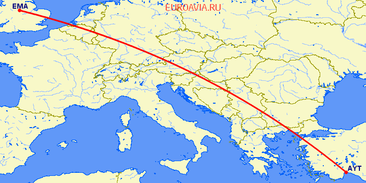 перелет Анталия — Дерби на карте
