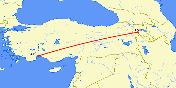 перелет Анталия — Ереван на карте