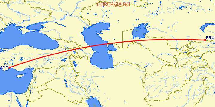 перелет Анталия — Бишкек на карте