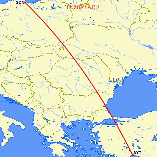перелет Анталия — Гданьск на карте
