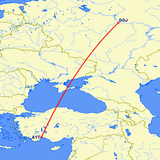 перелет Анталия — Нижний Новгород на карте
