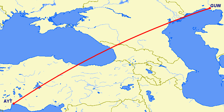 перелет Анталия — Атырау на карте