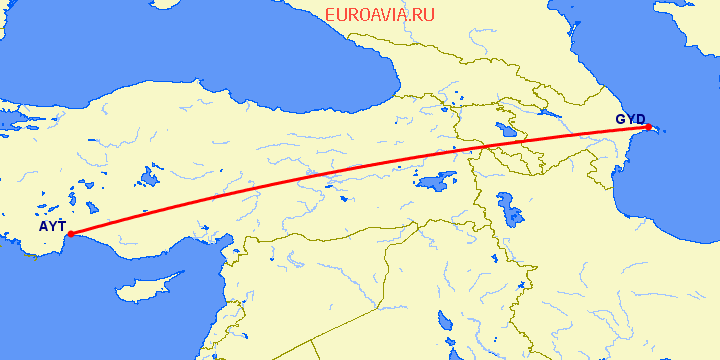 перелет Анталия — Баку на карте