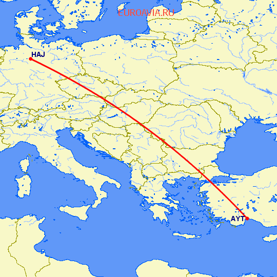 перелет Анталия — Ганновер на карте