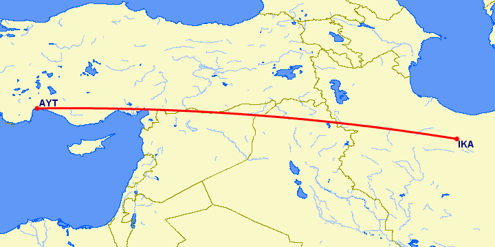 перелет Анталия — Тегеран на карте