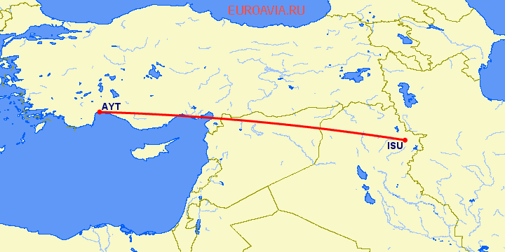 перелет Анталия — Сулеймания на карте