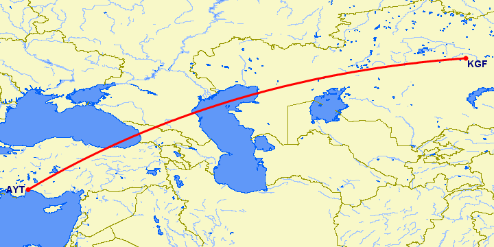 перелет Анталия — Караганда на карте