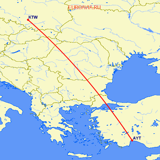 перелет Анталия — Катовице на карте