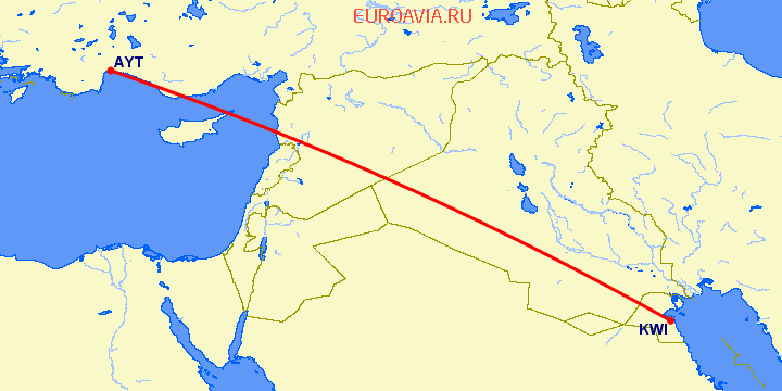 перелет Анталия — Кувейт на карте