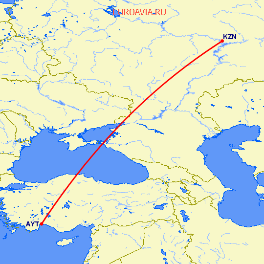 перелет Анталия — Казань на карте
